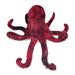 The Plush Pacific Octopus is a 12-inch stuffed toy in deep red and maroon, with eight curled arms and a textured surface, shown from the front.