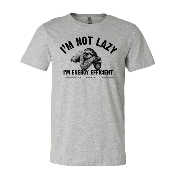 The Reid Park Zoo Energy Efficient Sloth T-Shirt is a gray online exclusive featuring a relaxed sloth and the text: IM NOT LAZY, IM ENERGY EFFICIENT – REID PARK ZOO.