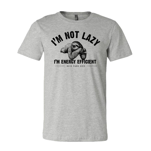 The Reid Park Zoo Energy Efficient Sloth T-Shirt is a gray online exclusive featuring a relaxed sloth and the text: IM NOT LAZY, IM ENERGY EFFICIENT – REID PARK ZOO.