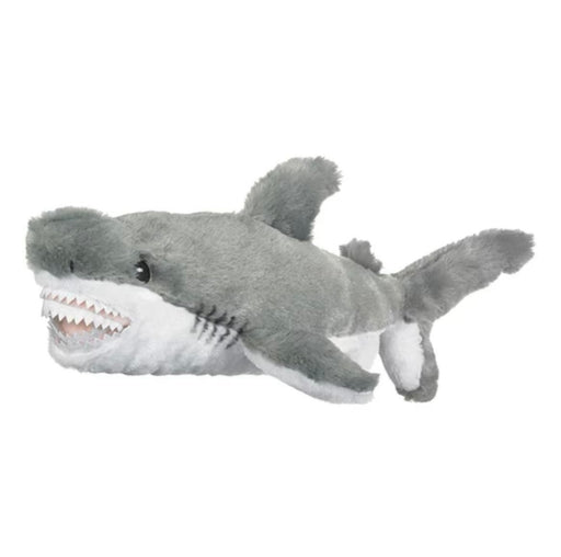 Introducing the Eco Pals Great White Shark Plush—a soft, eco-friendly stuffed animal crafted from recycled materials, featuring a gray and white design with detailed fins and tail, black eyes, and a wide open mouth lined with white felt teeth.