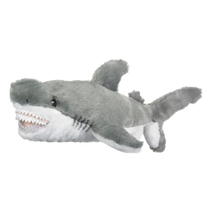 Introducing the Eco Pals Great White Shark Plush—a soft, eco-friendly stuffed animal crafted from recycled materials, featuring a gray and white design with detailed fins and tail, black eyes, and a wide open mouth lined with white felt teeth.