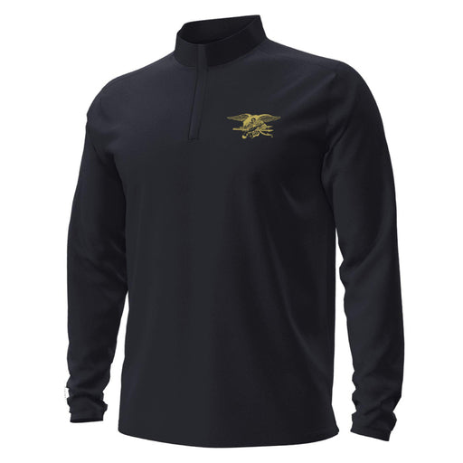 A black Navy SEAL Museum x Under Armour Logo Quarter Zip Sweatshirt featuring a gold embroidered emblem of an eagle holding a trident and anchor on the left chest. The sweatshirt has a short stand-up collar and no visible buttons.
