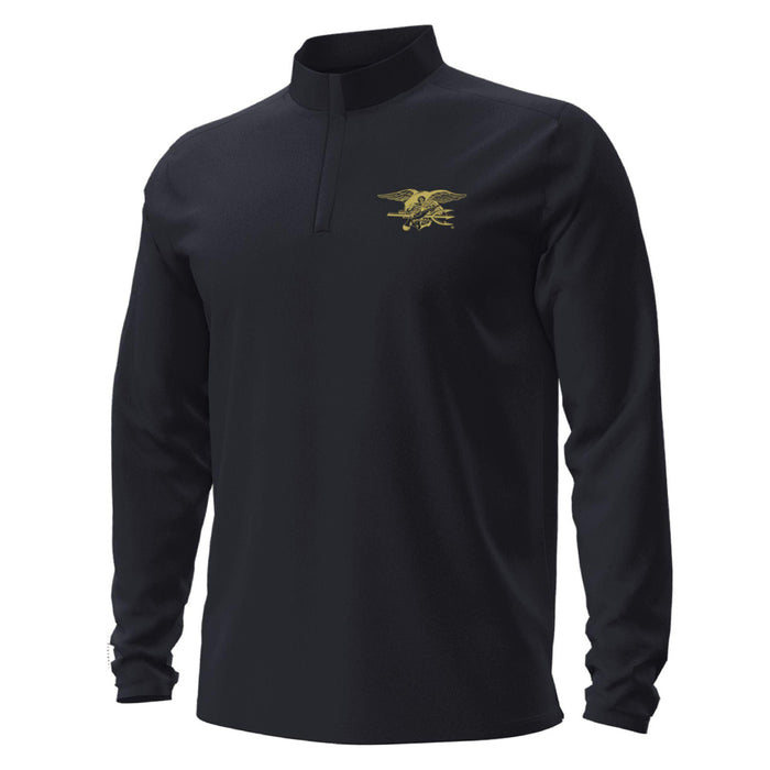 A black Navy SEAL Museum x Under Armour Logo Quarter Zip Sweatshirt featuring a gold embroidered emblem of an eagle holding a trident and anchor on the left chest. The sweatshirt has a short stand-up collar and no visible buttons.